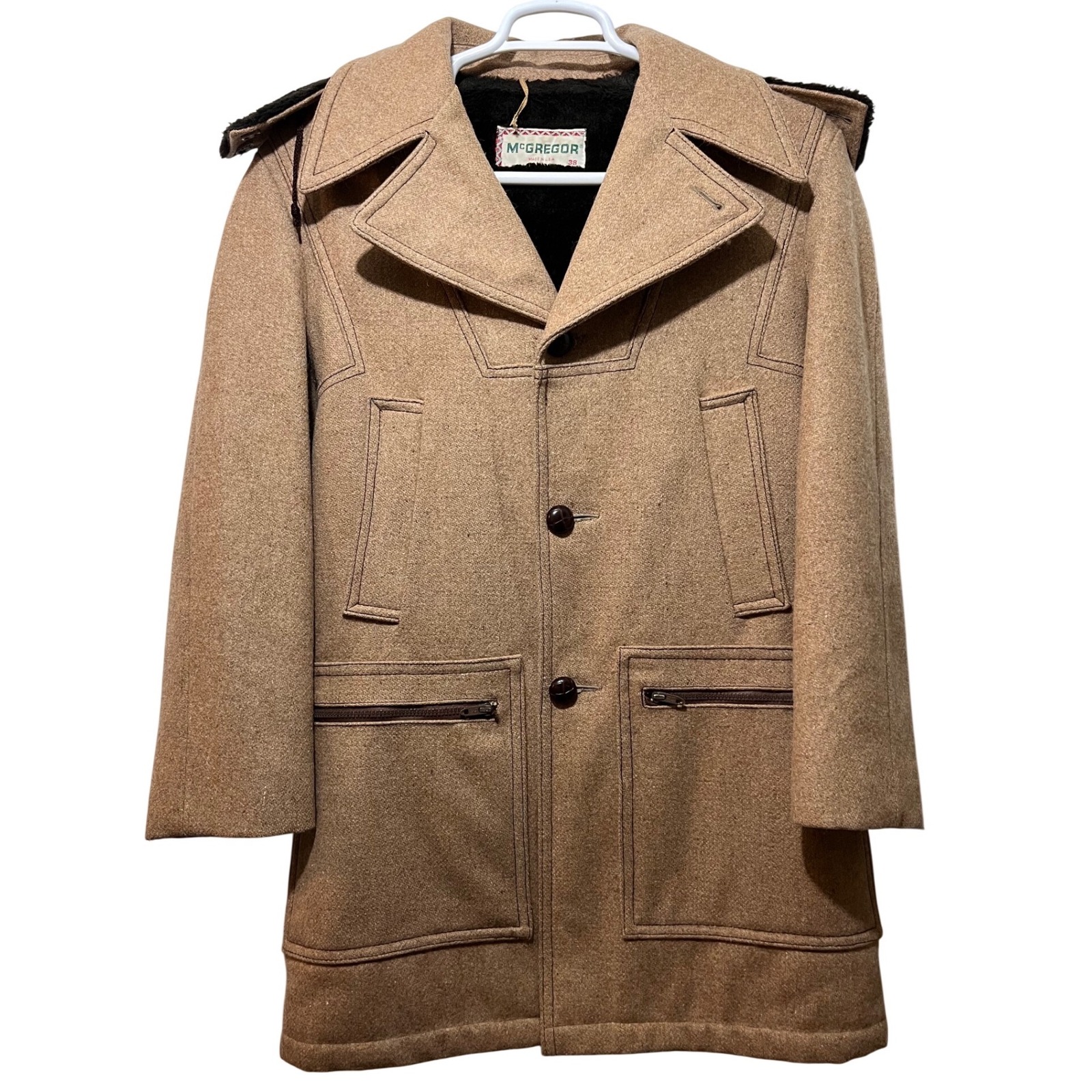 Mcgregor Vintage Wool Car Coat Sherpa Lined Size 38 Tan Brown Made In Usa